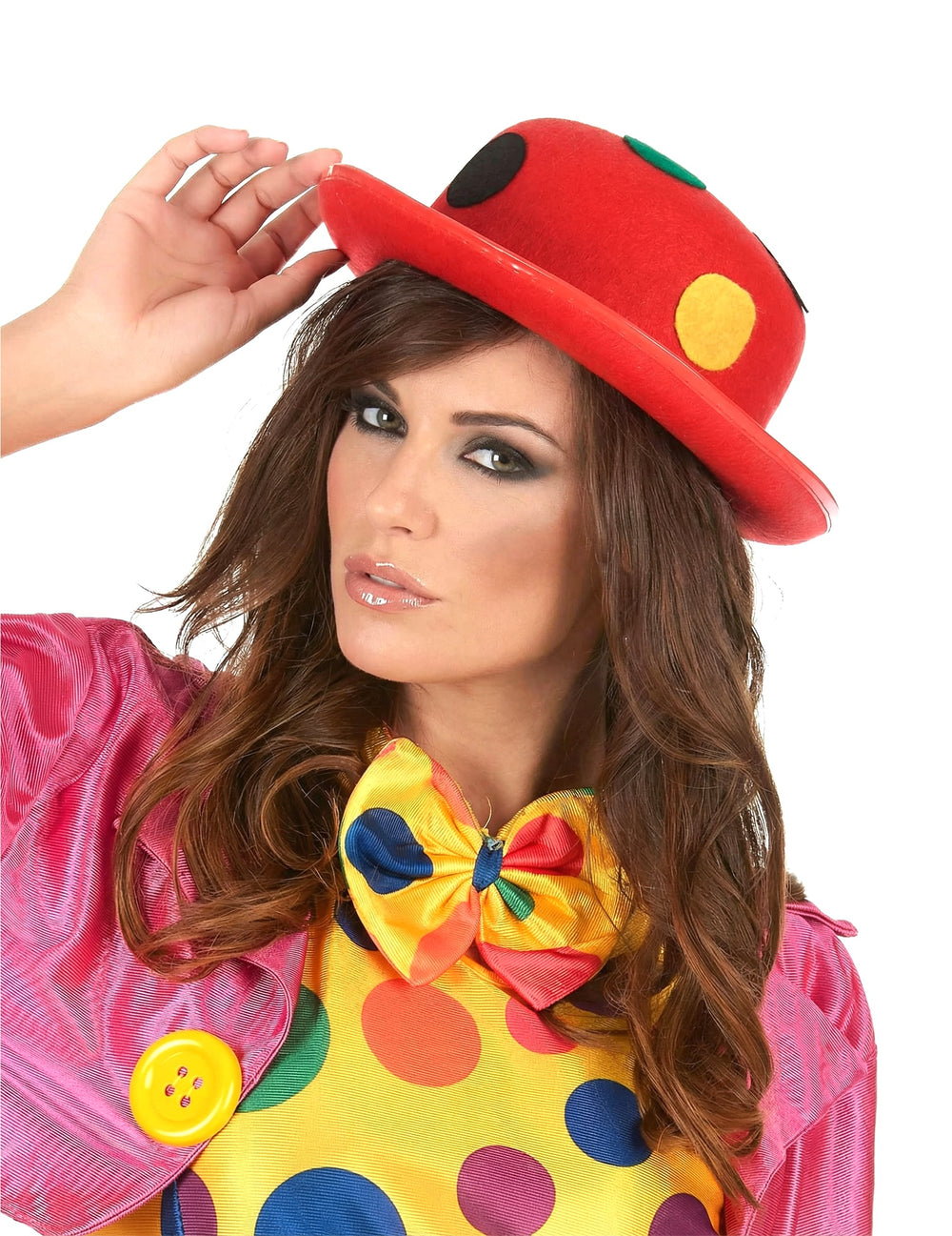 Chapeau melon clown à pois pour adulte rouge avec pois multicolores