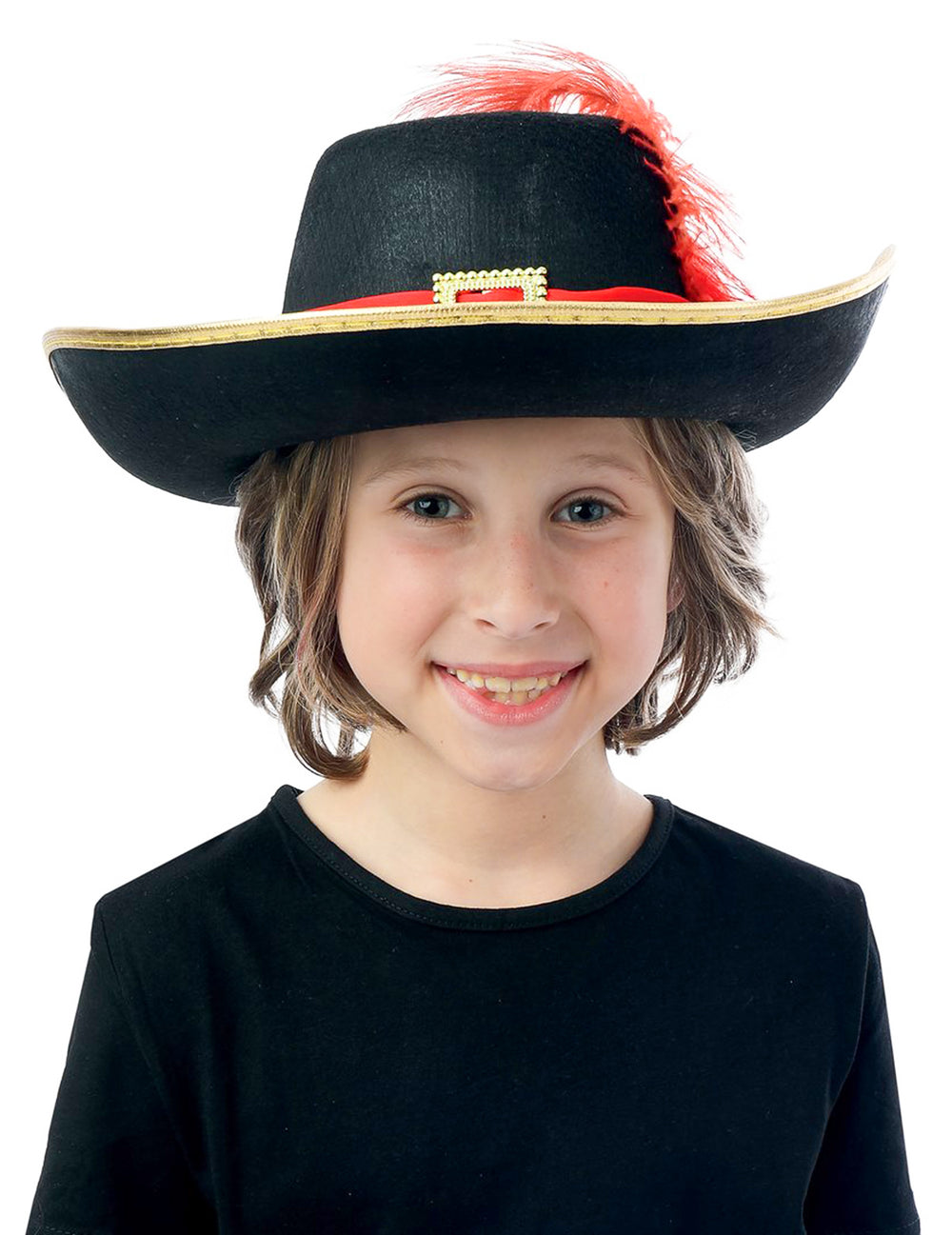Chapeau de mousquetaire pour enfant noir avec plume rouge et liseré doré