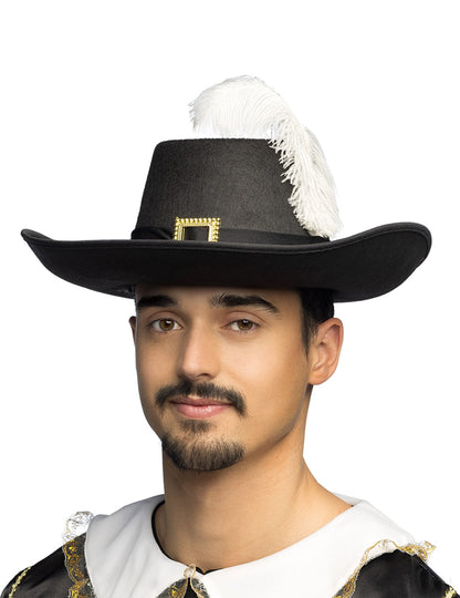 Chapeau de mousquetaire pour adulte noir avec plume blanche et boucle dorée
