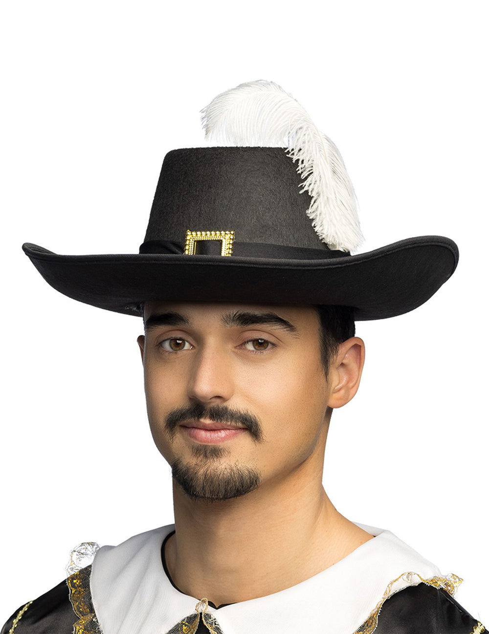 Chapeau de mousquetaire pour adulte noir avec plume blanche et boucle dorée