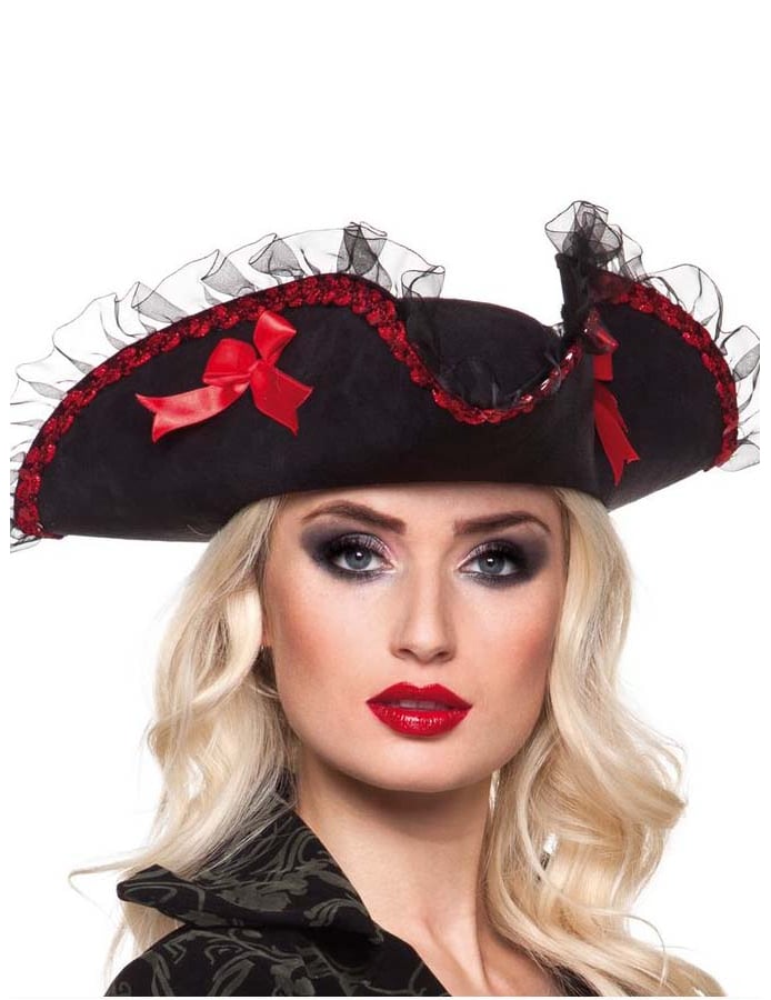 Chapeau sexy pirate pour femme noir et rouge avec dentelle et nœuds