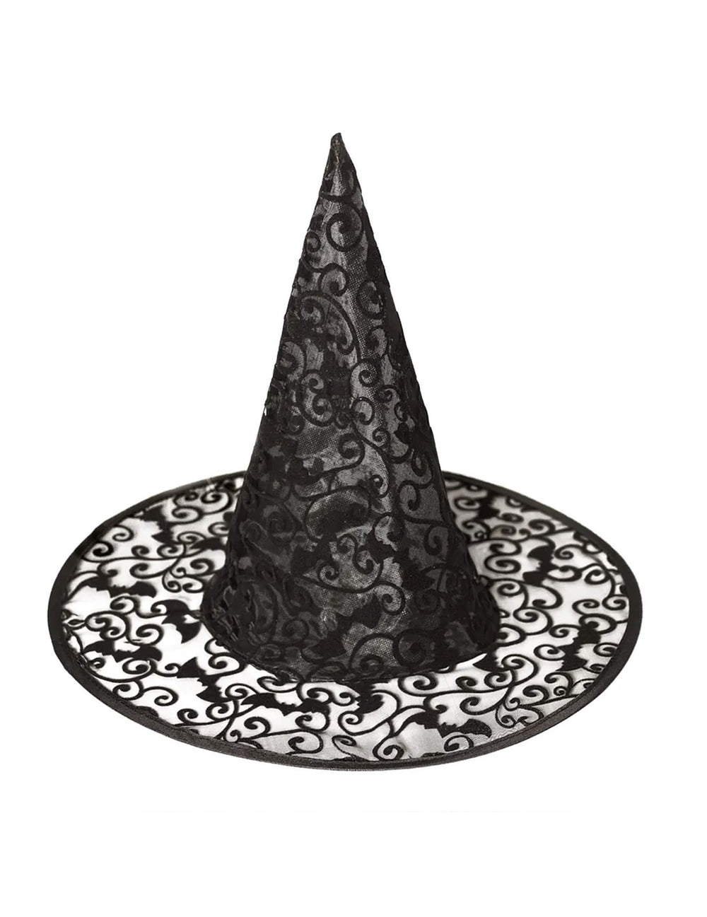 Detalhe dos motivos de morcegos em renda do chapéu de bruxa halloween