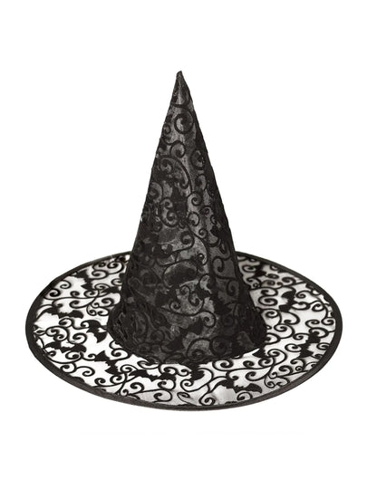 Détail des motifs de chauves-souris en dentelle du chapeau de sorcière Halloween