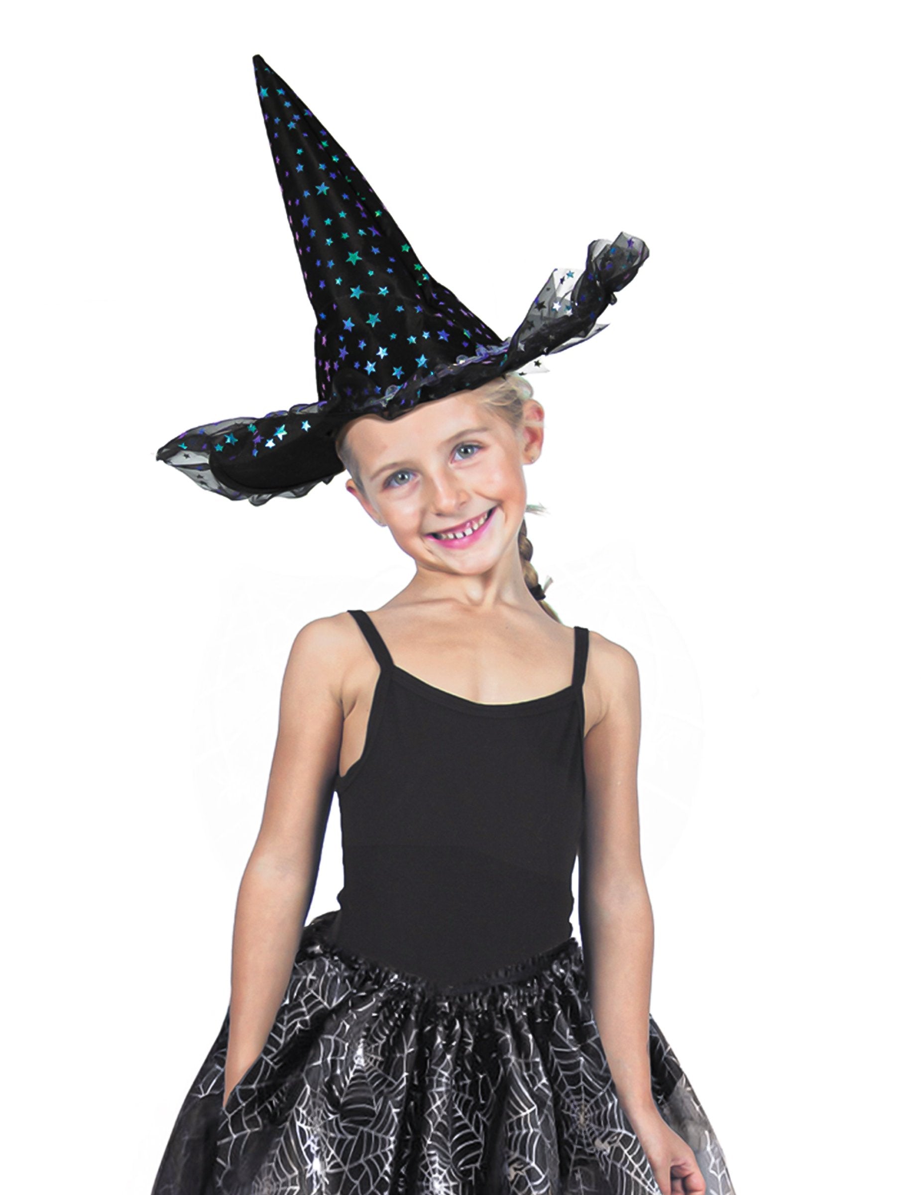 Chapeau sorcière étoiles irisées luxe pour enfant noir avec motifs brillants