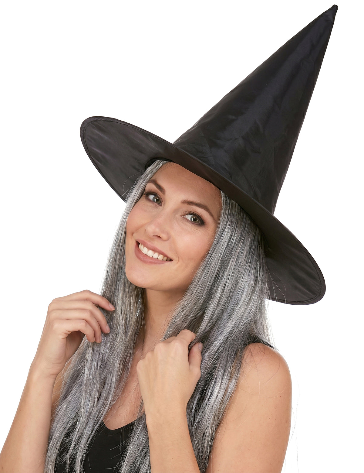 Chapéu de bruxa preto com peuca cinzenta adulto Halloween