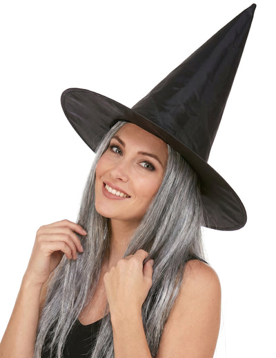 Chapéu de bruxa preto com peuca cinzenta adulto Halloween