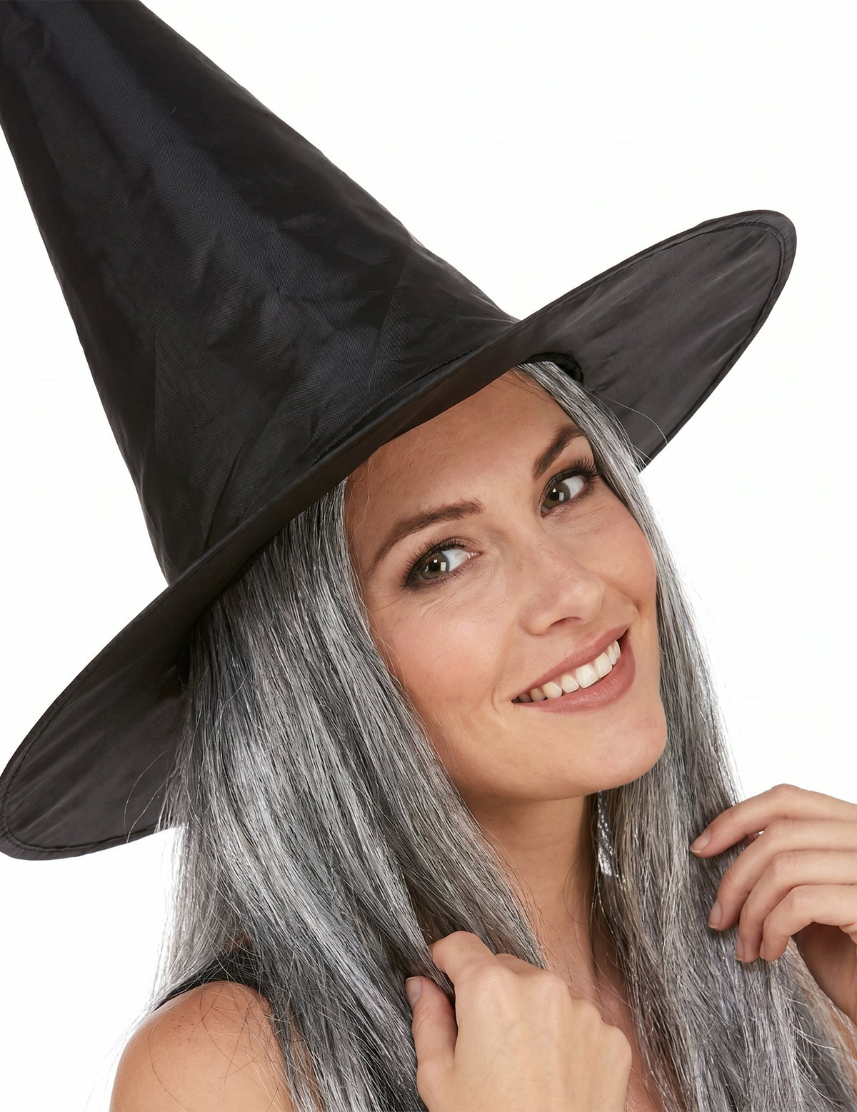 Chapéu de bruxa preto com peuca cinzenta adulto Halloween