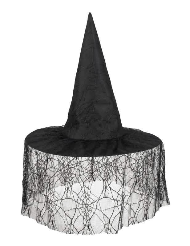 Vista frontal do chapéu de bruxa para mulher preto com véu de aranha
