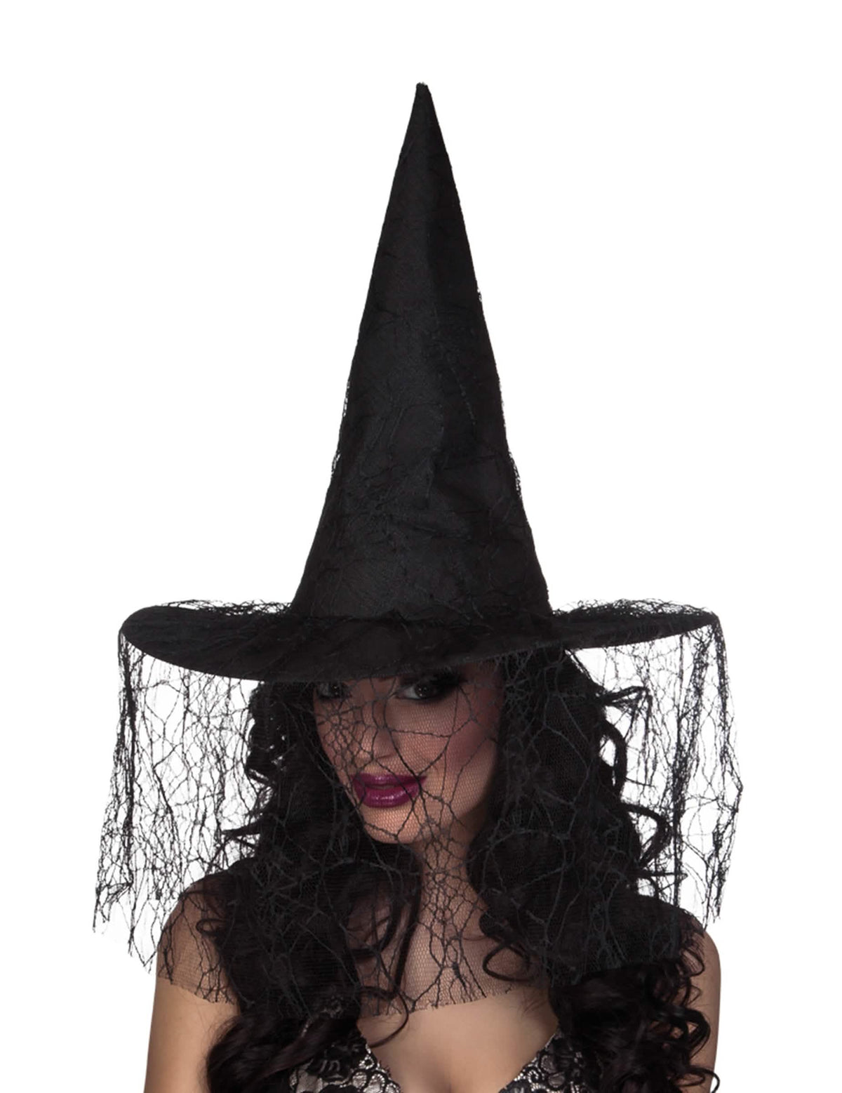 Chapéu de bruxa para mulher preto com véu de aranha