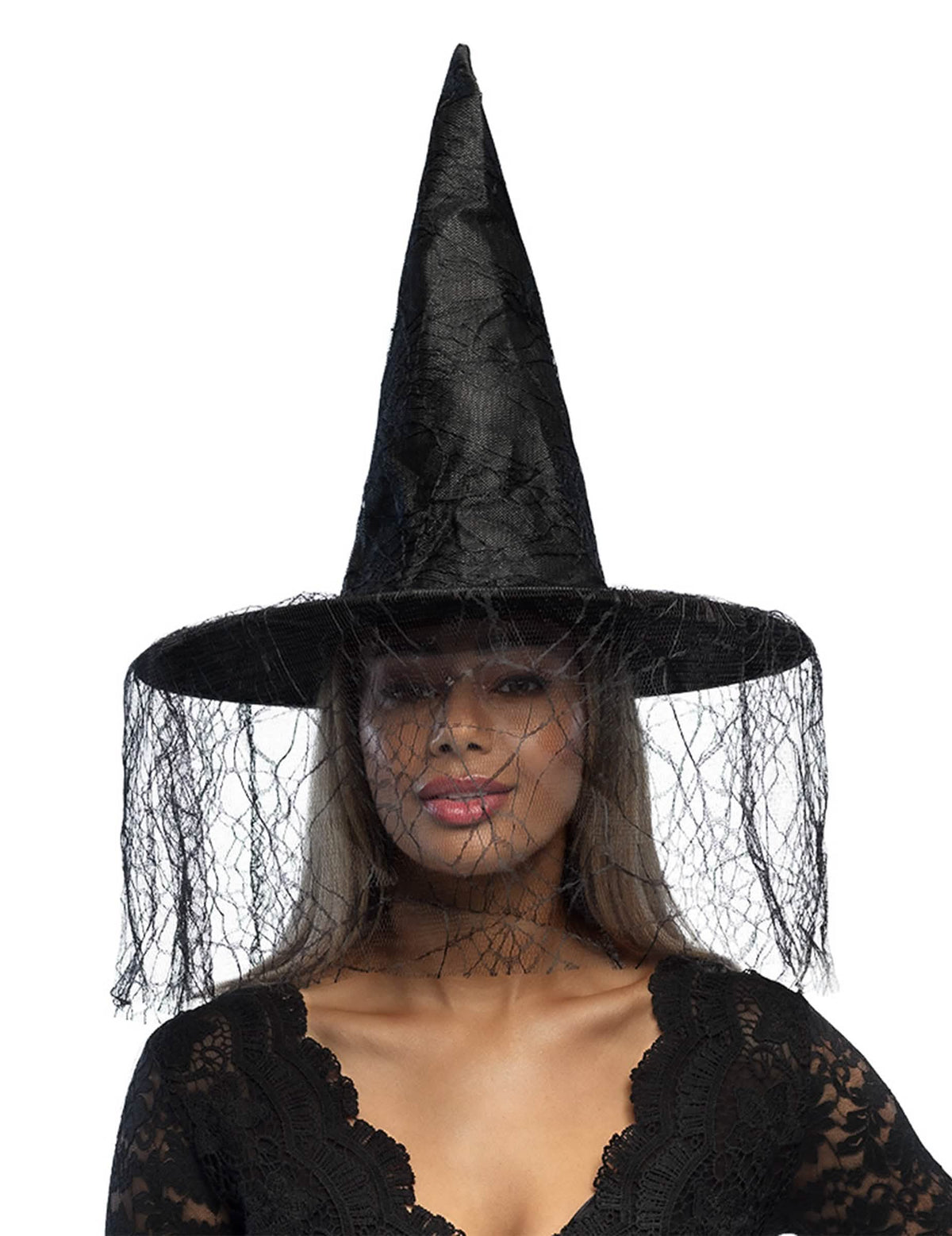 Detalhe do véu de aranha do chapéu de bruxa para mulher preto