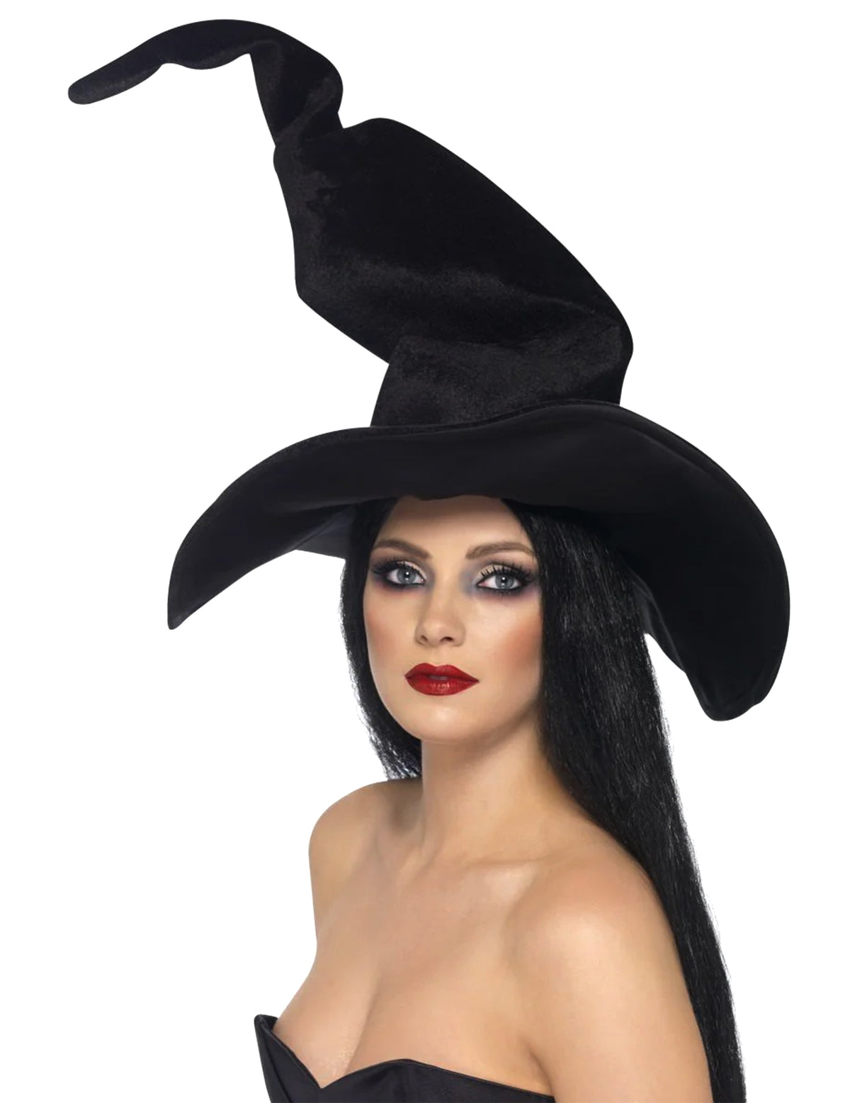 Chapeau de sorcière Halloween pour femme noir en velours à pointe recourbée