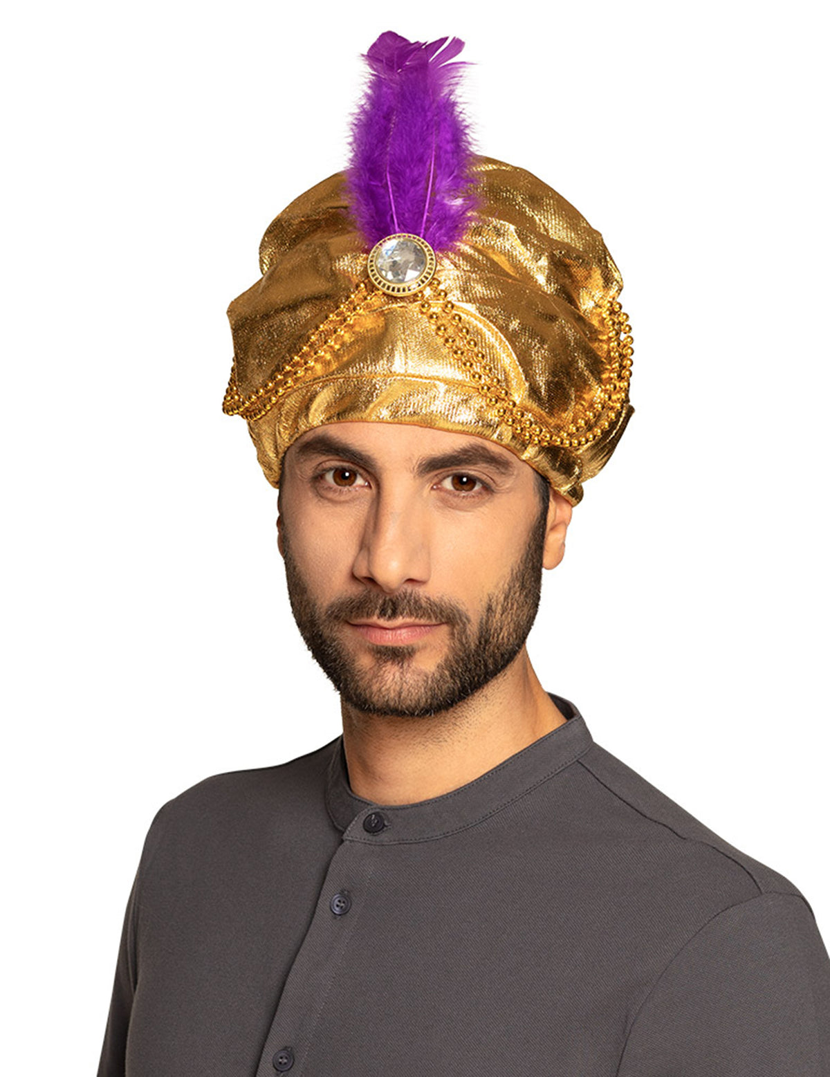 Chapeau sultan pour adulte doré avec plume violette