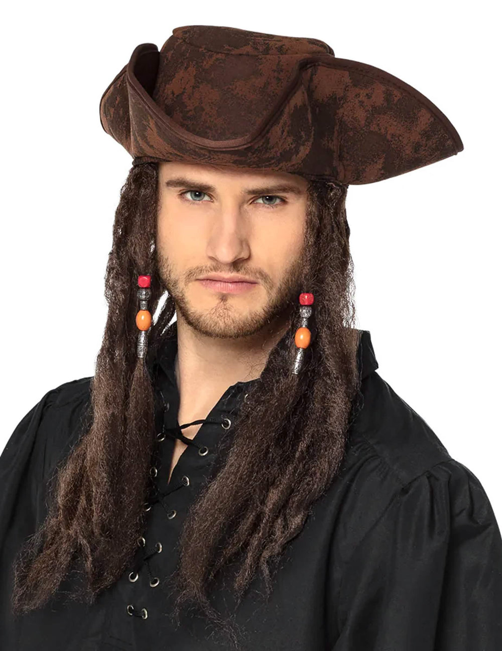 Chapéu tricórnio de pirata castanho com cabelo