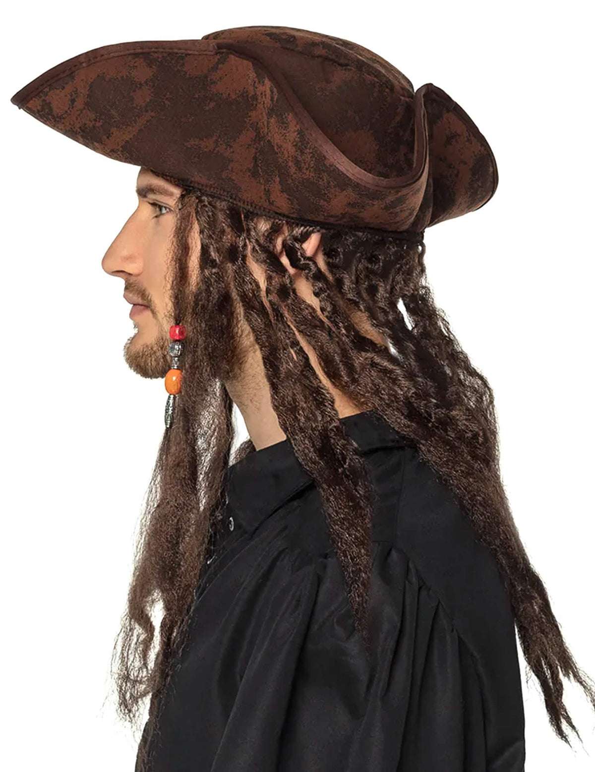 Vista de perfil do chapéu tricórnio pirata para adulto