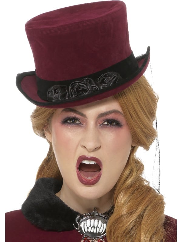 Chapeau de vampire victorienne pour femme bordeaux et noir avec roses
