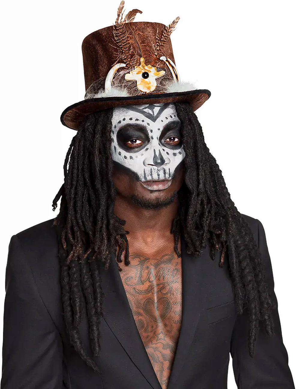 Chapeau vaudou avec cheveux pour adulte marron avec plumes et dreadlocks noires