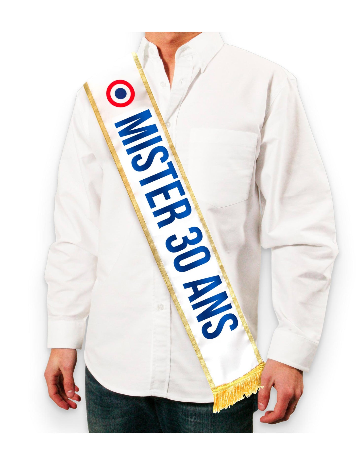 Écharpe d'anniversaire Mister 30 ans pour homme blanche tricolore avec bordure dorée