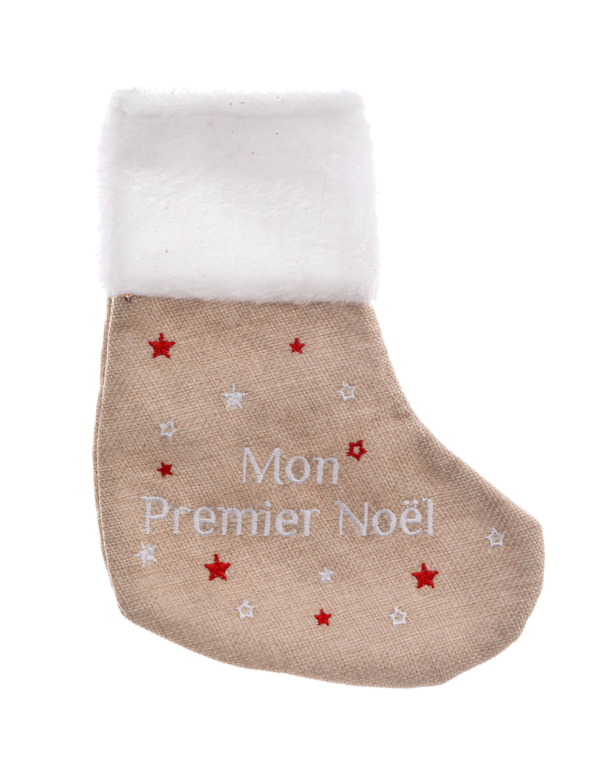 Chaussette mon premier noël pour bébé beige en feutrine avec bordure blanche et étoiles rouges et blanches