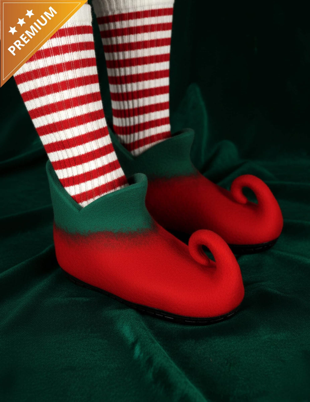 Chaussures d'elfe de luxe pour adulte rouges et vertes à bouts recourbés