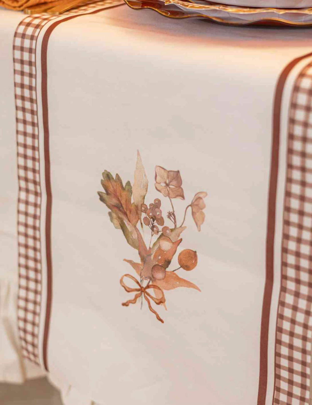 Caminho de mesa Buquê de outono em tecido creme e auburn 28 cm x 3 m
