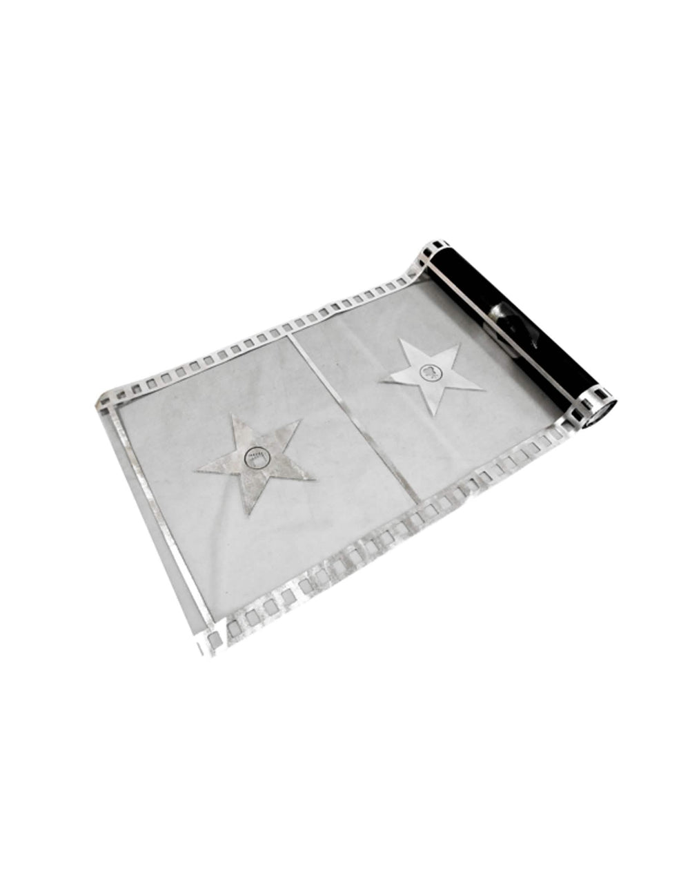 Caminho de mesa em organza para festa de cinema preto com padrões de película e estrelas