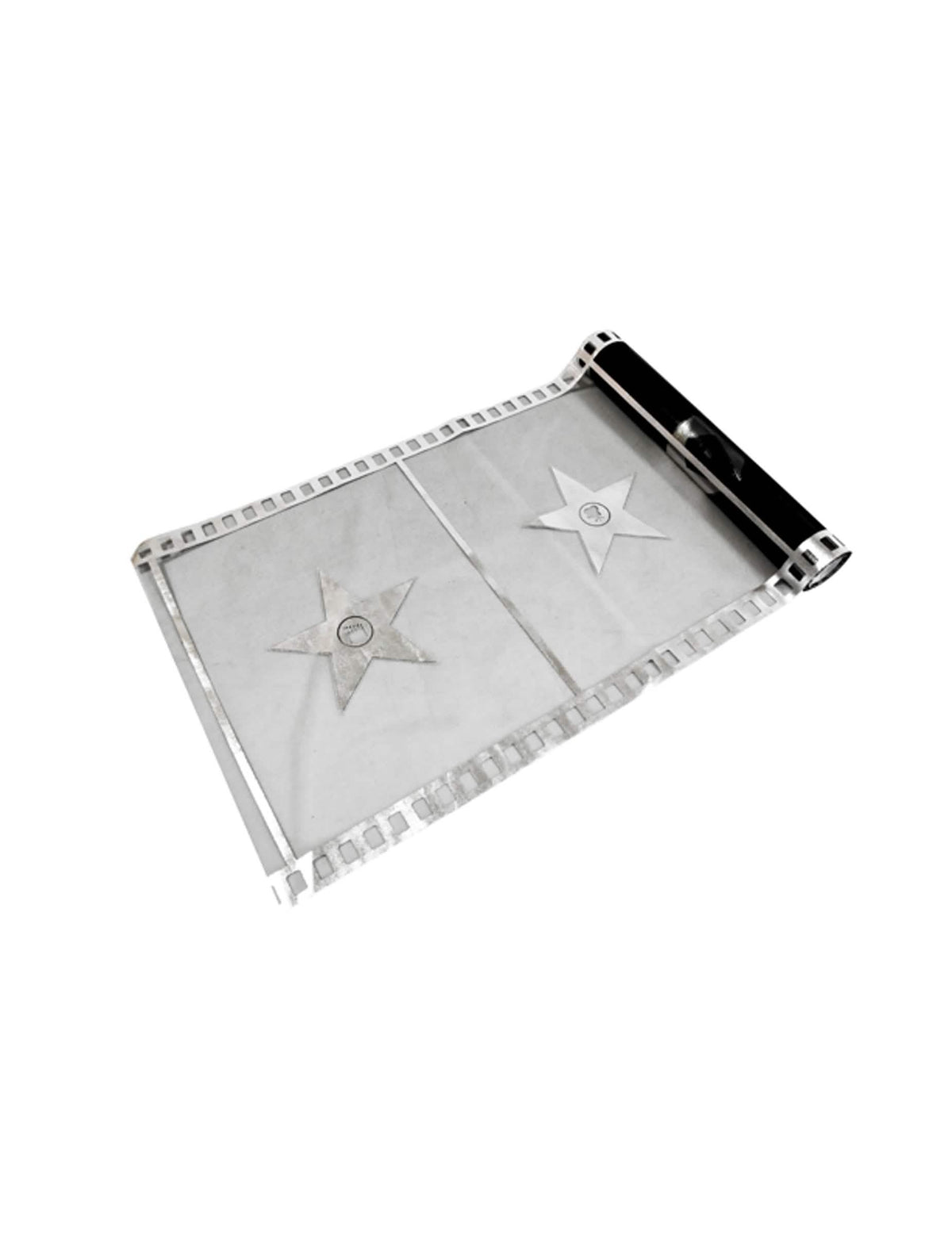 Caminho de mesa em organza para festa de cinema preto com padrões de película e estrelas