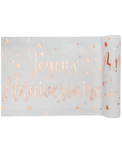 Chemin de table en coton anniversaire pour fête rose gold avec inscription Joyeux Anniversaire et étoiles