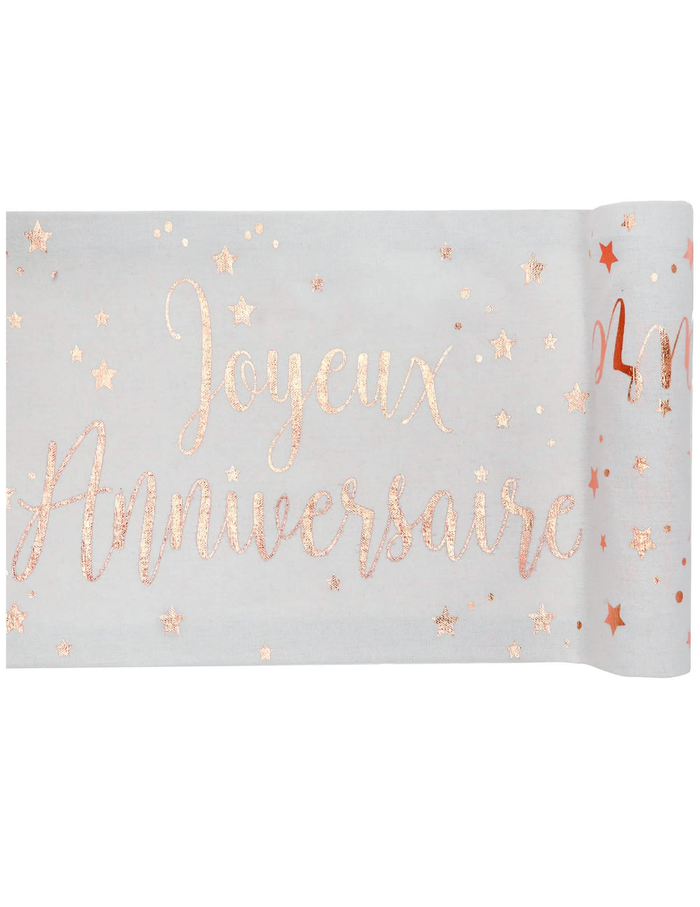 Caminho de mesa em algodão aniversário para festa ouro rosa com inscrição Feliz aniversário e estrelas