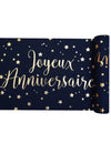 Caminho de mesa de algodão "Feliz Aniversário" azul marinho e dourado 28 cm x 3 m