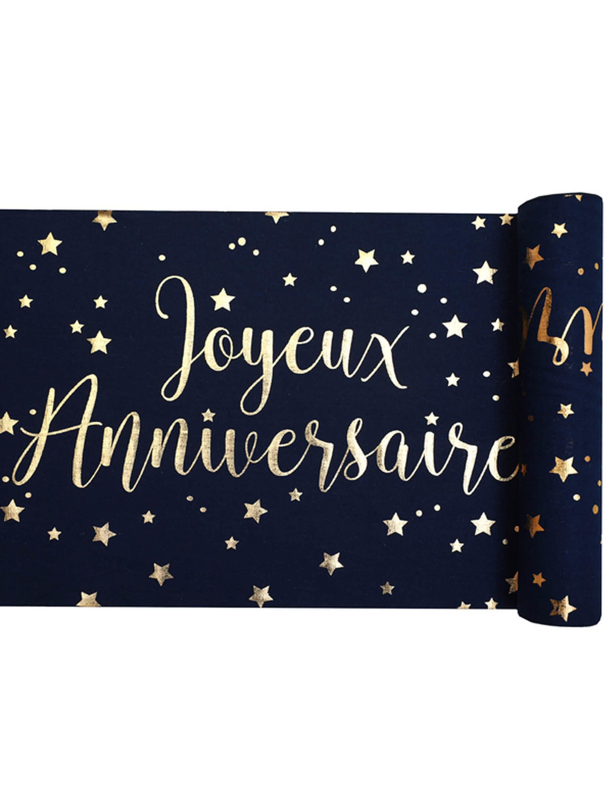 Caminho de mesa de algodão "Feliz Aniversário" azul marinho e dourado 28 cm x 3 m