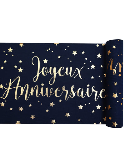 Caminho de mesa de algodão "Feliz Aniversário" azul marinho e dourado 28 cm x 3 m