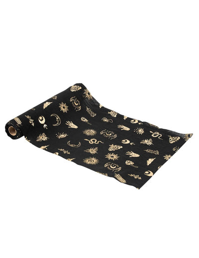 Caminho de mesa Divination Cosmic Spirit em musselina preta e dourada 28 cm x 3 m
