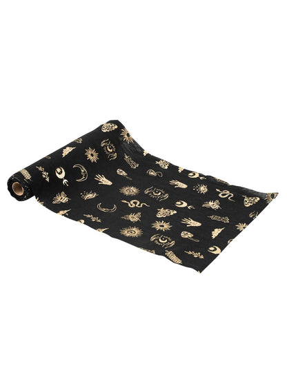 Caminho de mesa Divination Cosmic Spirit em musselina preta e dourada 28 cm x 3 m