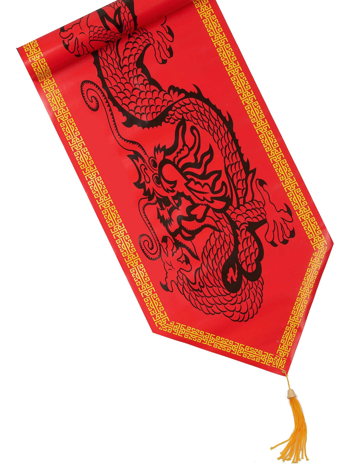Caminho de mesa de plástico dragão para festa vermelho com motivos pretos e pompom dourado