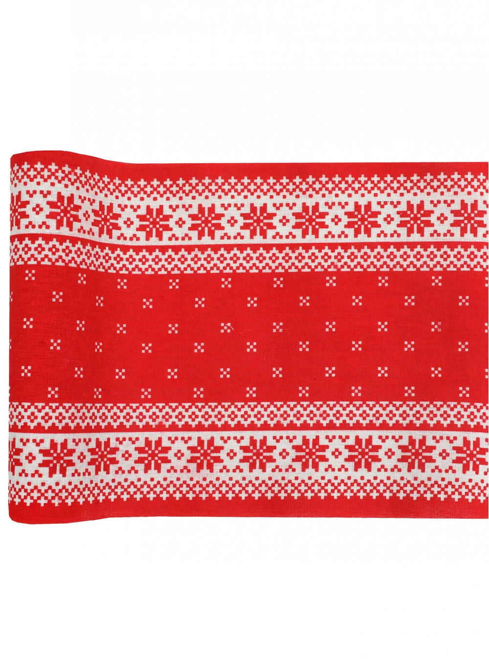 Caminho de mesa em algodão junto à lareira para decoração de festa vermelho e branco