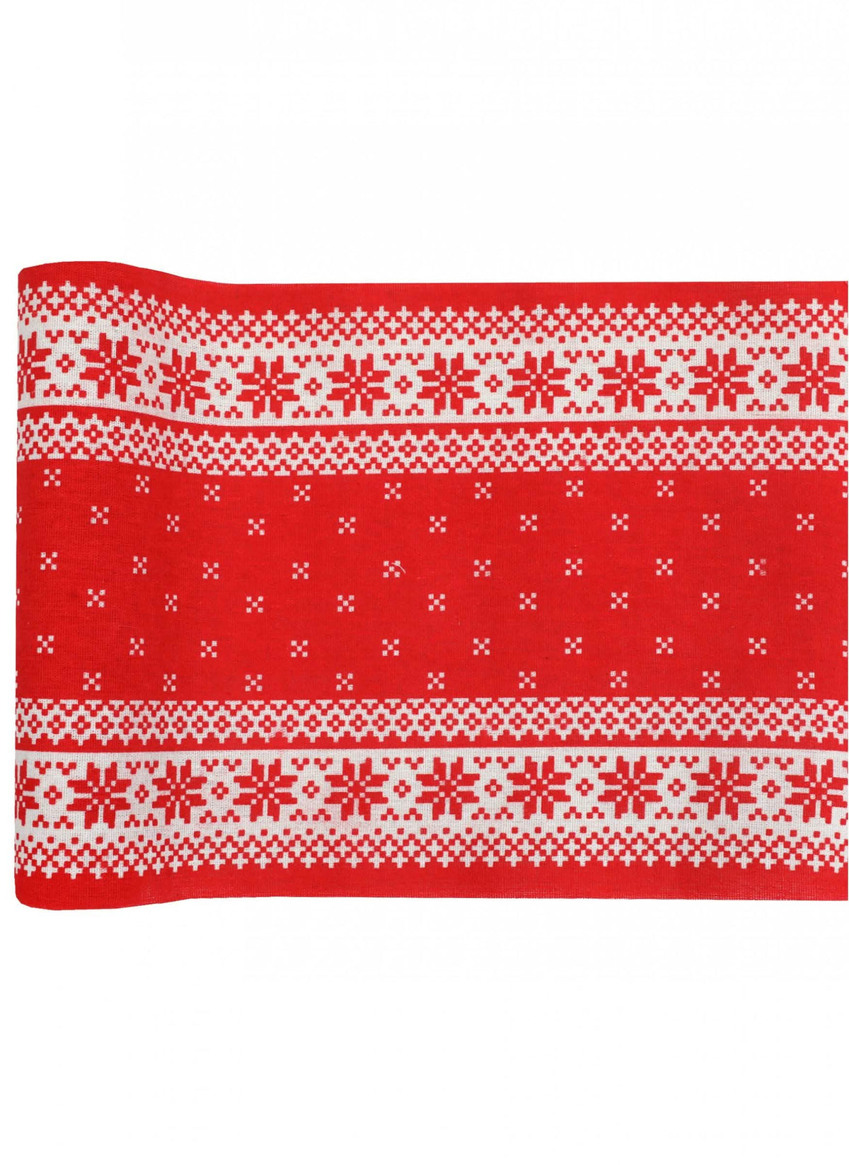 Caminho de mesa em algodão junto à lareira para decoração de festa vermelho e branco