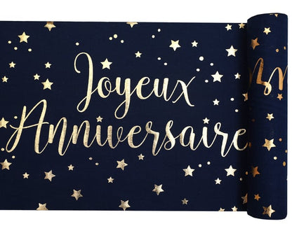 Chemin de table coton Joyeux anniversaire bleu marine et or avec étoiles
