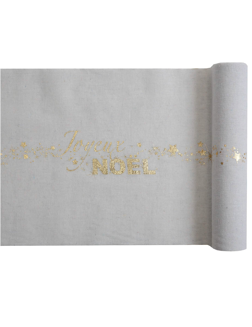 Caminho de mesa em algodão Feliz natal para decoração de mesa branco creme e estrelas douradas