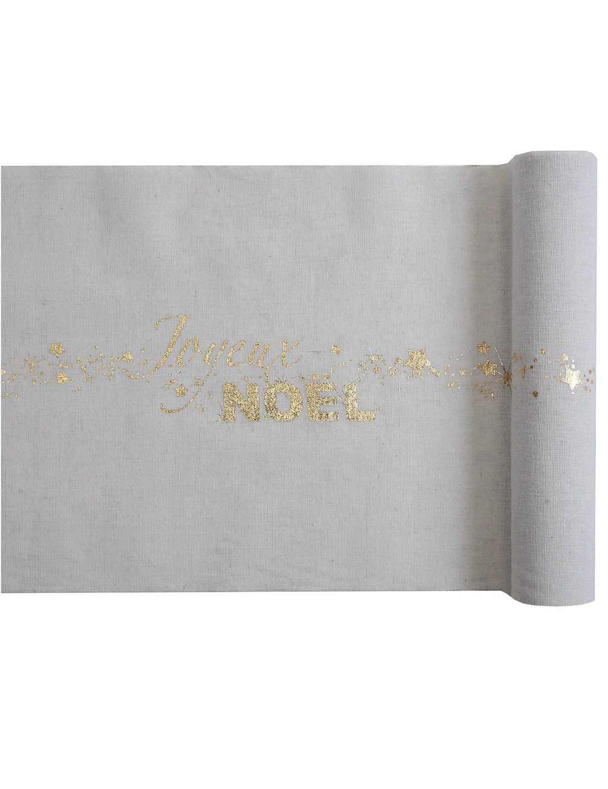 Caminho de mesa em algodão Feliz natal para decoração de mesa branco creme e estrelas douradas