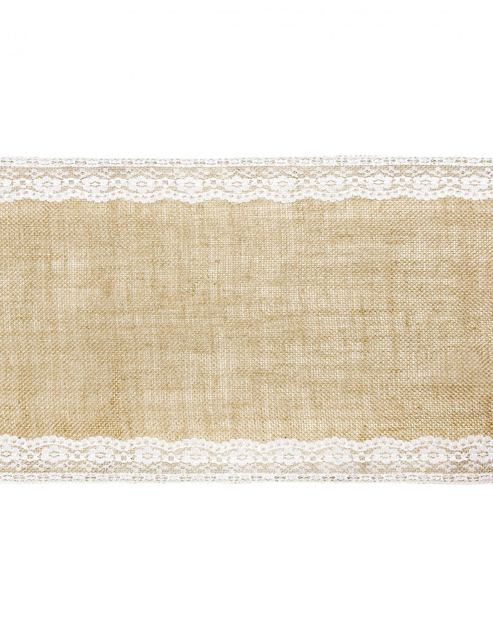 Chemin de table en jute bordures dentelle pour mariage naturel et blanc