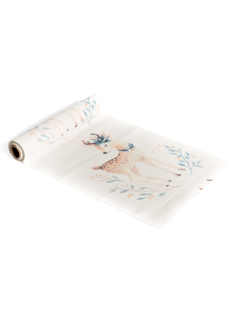 Chemin de table en lin Jolie Biche blanc avec motif faon et fleurs