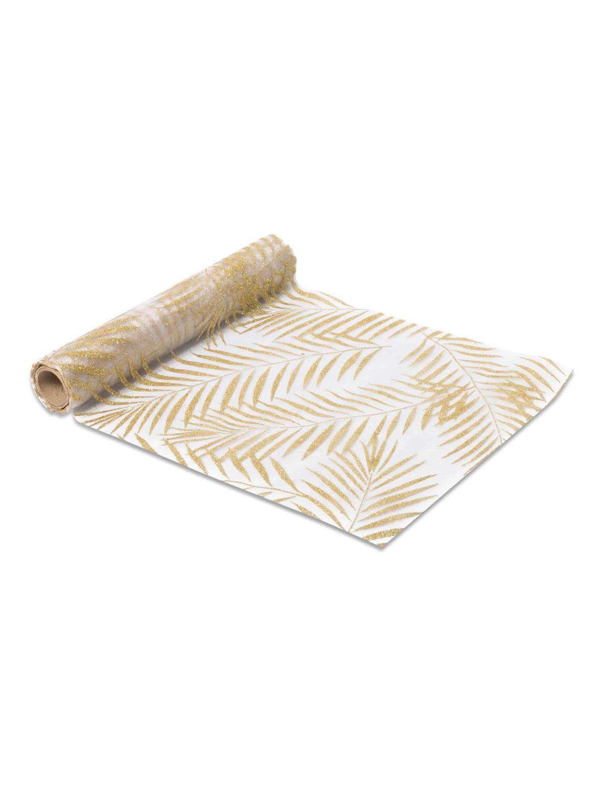 Caminho de mesa em organza com palmeira para decoração tropical chique com lantejoulas dourado