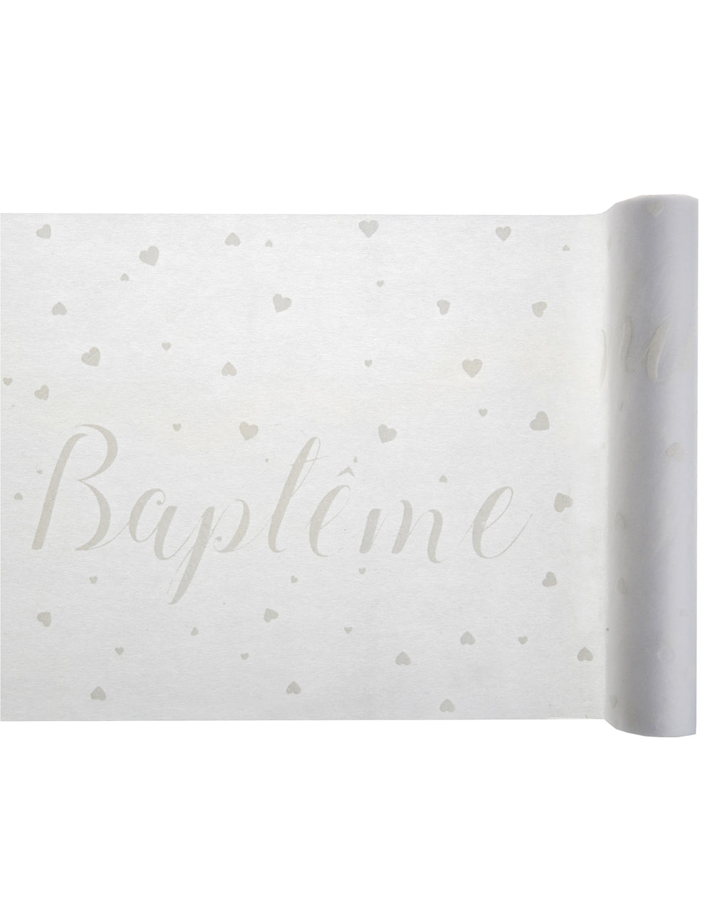 Chemin de table intissé baptême blanc à cœurs gris