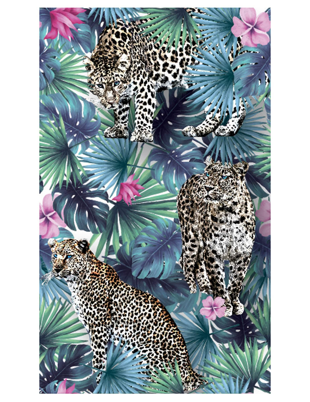 Passadeira de mesa em tecido não tecido com padrão de leopardo da selva para decoração tropical com padrões de leopardo e folhagem azul e verde