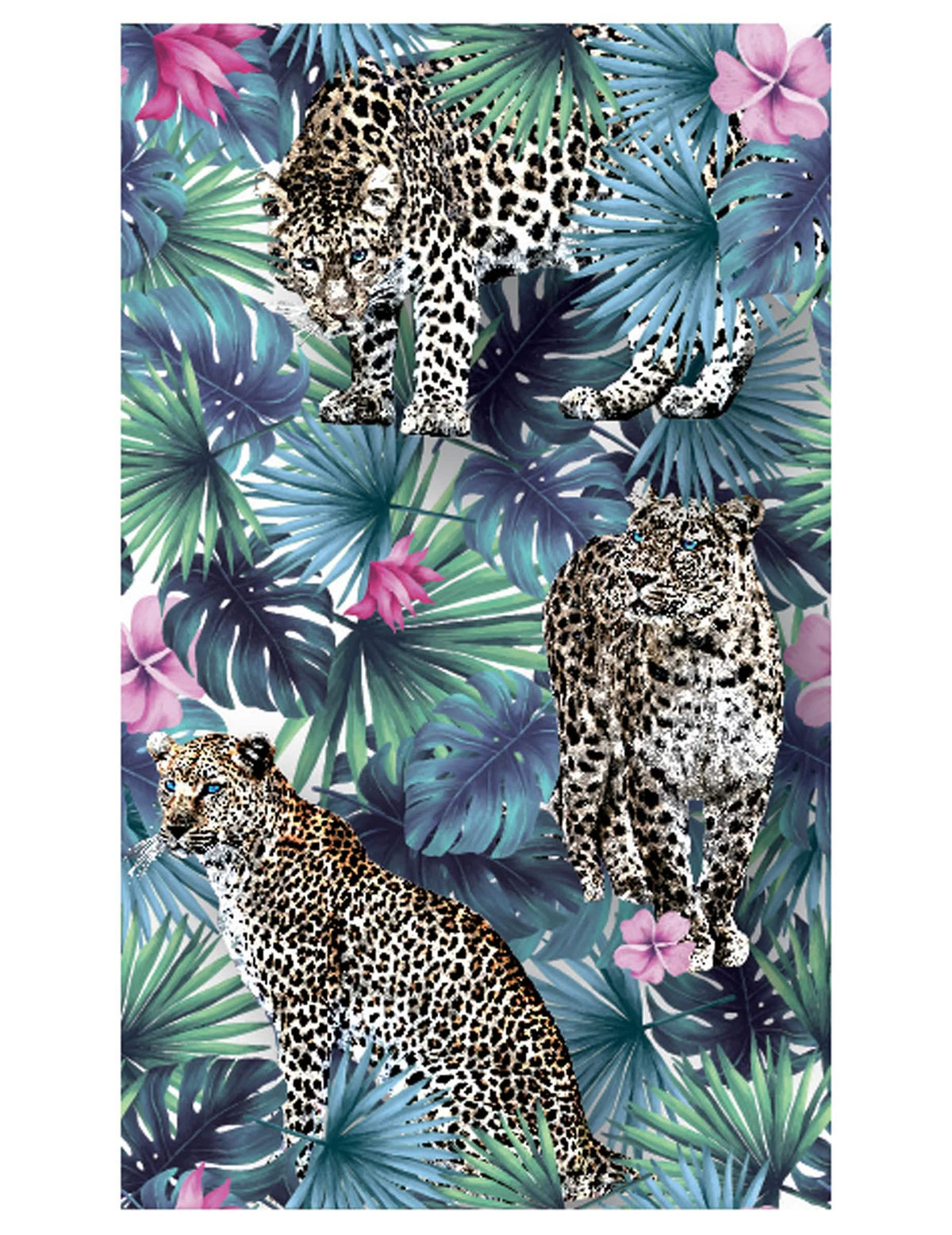 Passadeira de mesa em tecido não tecido com padrão de leopardo da selva para decoração tropical com padrões de leopardo e folhagem azul e verde
