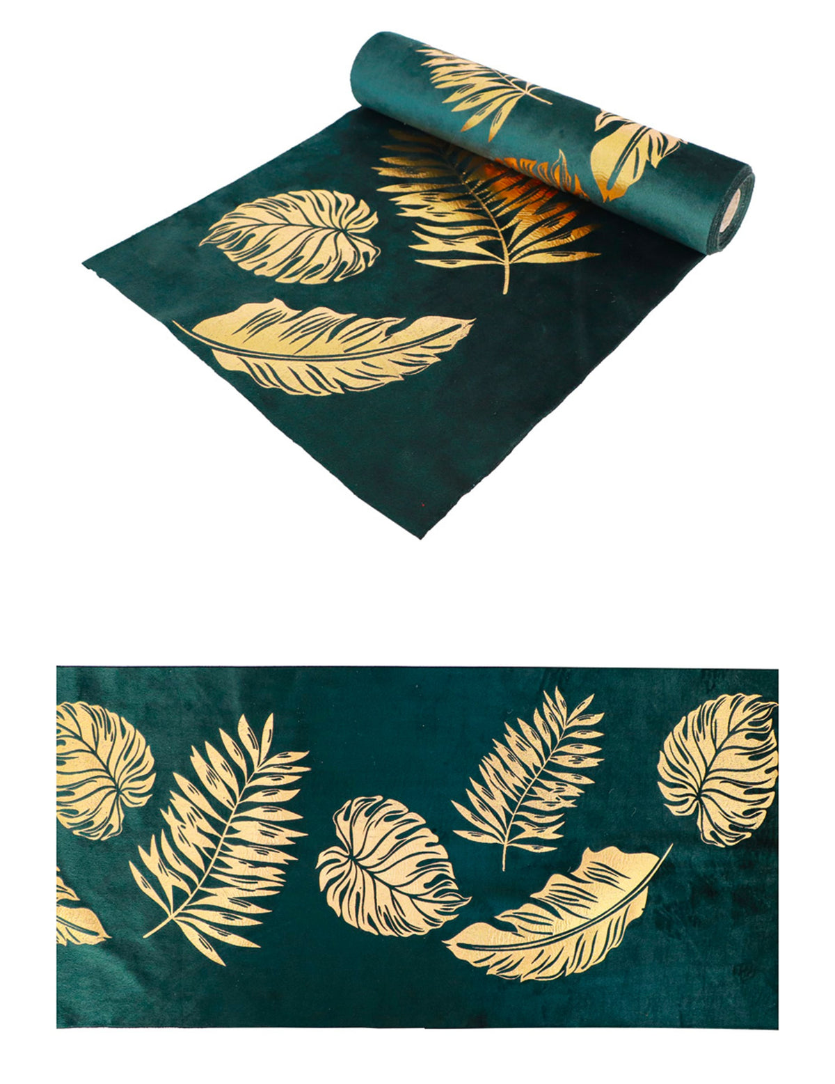Chemin de table tropical chic pour décoration vert velours avec feuilles dorées