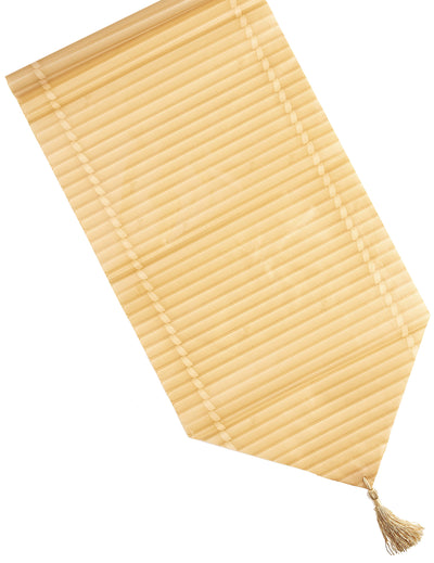 Chemin de table faux bambou Aloha pour décoration beige naturel avec pompon
