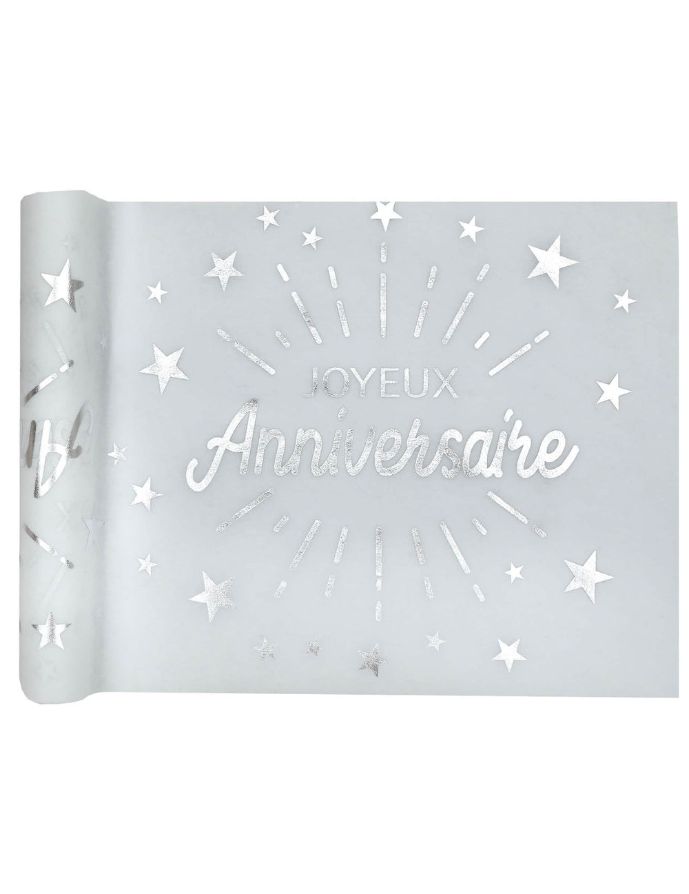 Caminho de mesa não tecido de aniversário para festa branco e prateado com estrelas