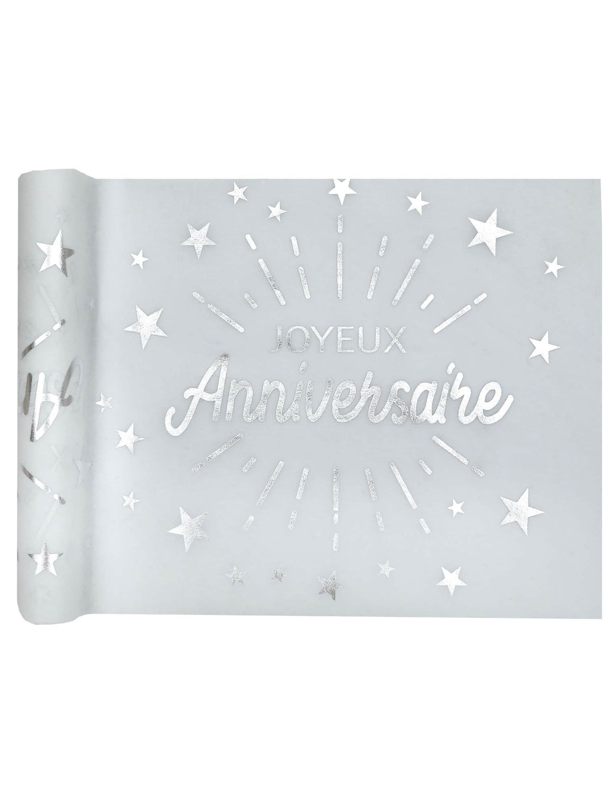 Caminho de mesa não tecido de aniversário para festa branco e prateado com estrelas