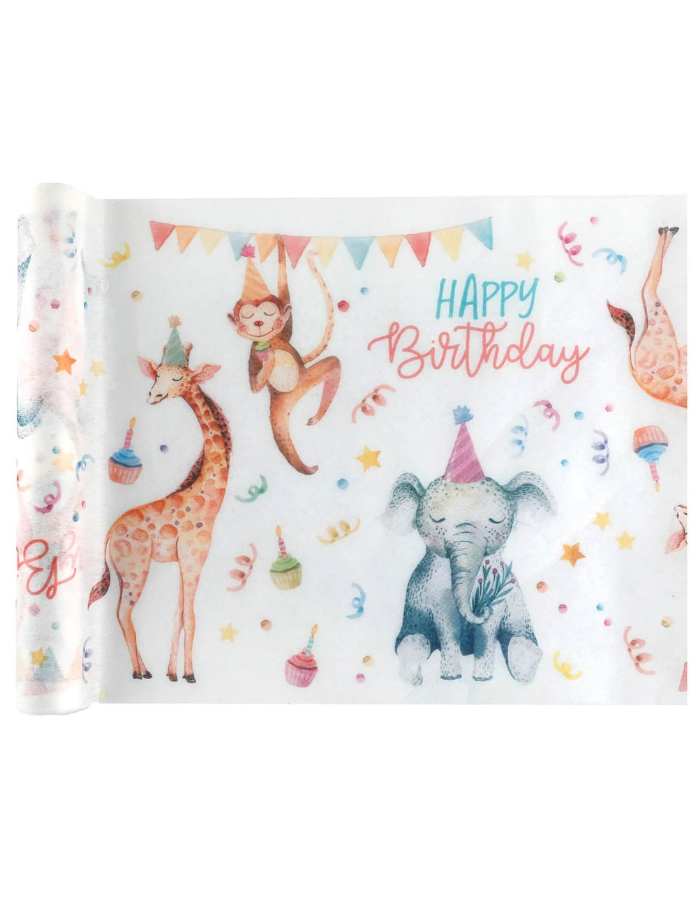 Caminho de mesa safari party para aniversário branco com animal e Happy Birthday